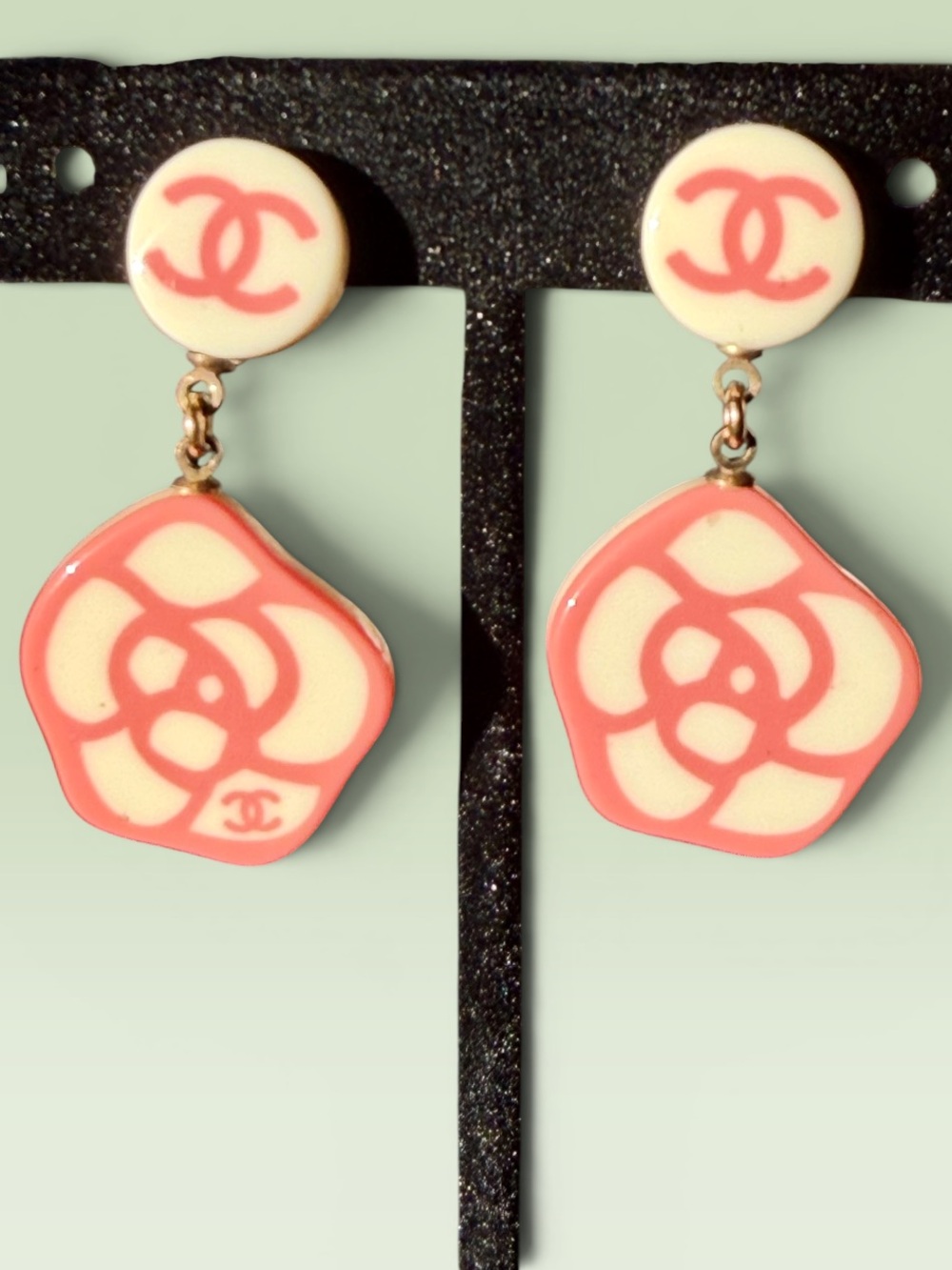 CHANEL Pink and Cream Camellia Drop Earrings